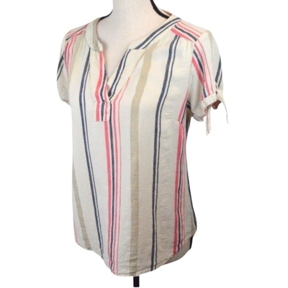 Linen Blend Short Tie Sleeve Pullover V-Neck Striped Blouse, Size Petite Small - Picture 7 of 7